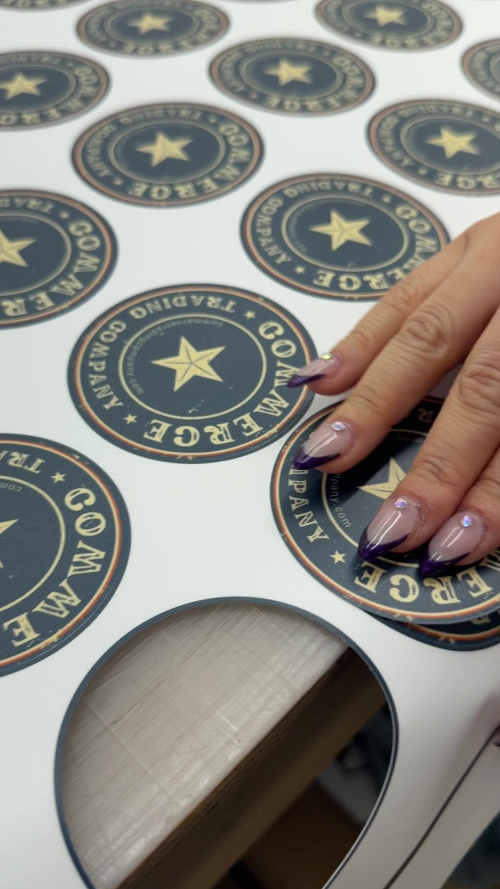 Real custom logo stickers being removed from a printed sheet