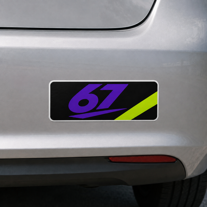 Sample mockup of a purple and lime 67 bumper sticker applied to a silver car bumper.