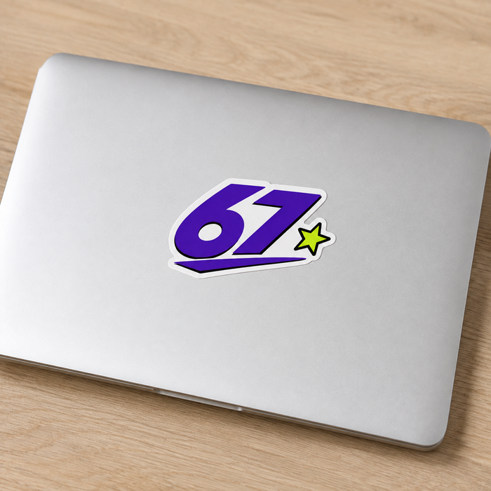 Sample mockup of a purple 67 die cut sticker applied to a silver laptop.