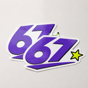 Sample close-up mockup showing thin die cut vinyl edges and printed purple 67 artwork.