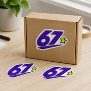 Sample mockup of a purple 67 die cut sticker on a kraft box with matching loose stickers.