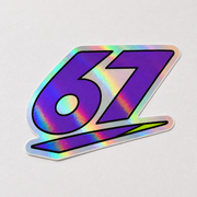 Sample close-up mockup of a purple 67 holographic sticker showing its rainbow film finish.