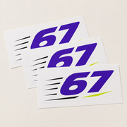 Sample mockup of three purple 67 kiss cut stickers on intact rectangular release liners.