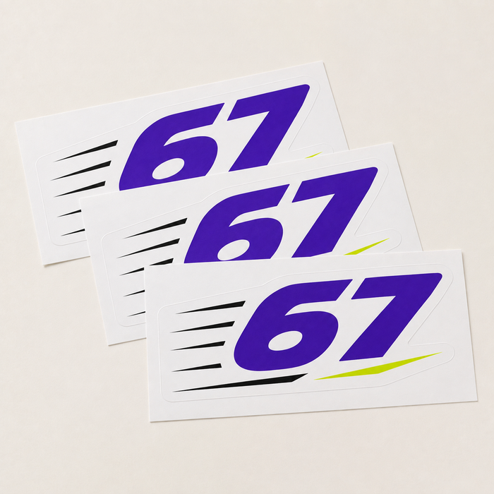 Sample mockup of three purple 67 kiss cut stickers on intact rectangular release liners.