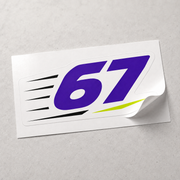 Sample mockup of a purple 67 kiss cut sticker with a gently lifted corner showing its release liner.