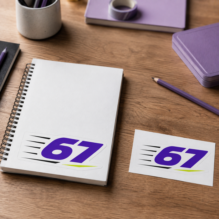 Sample mockup of a purple 67 kiss cut sticker on a white sketchbook beside its backing card.